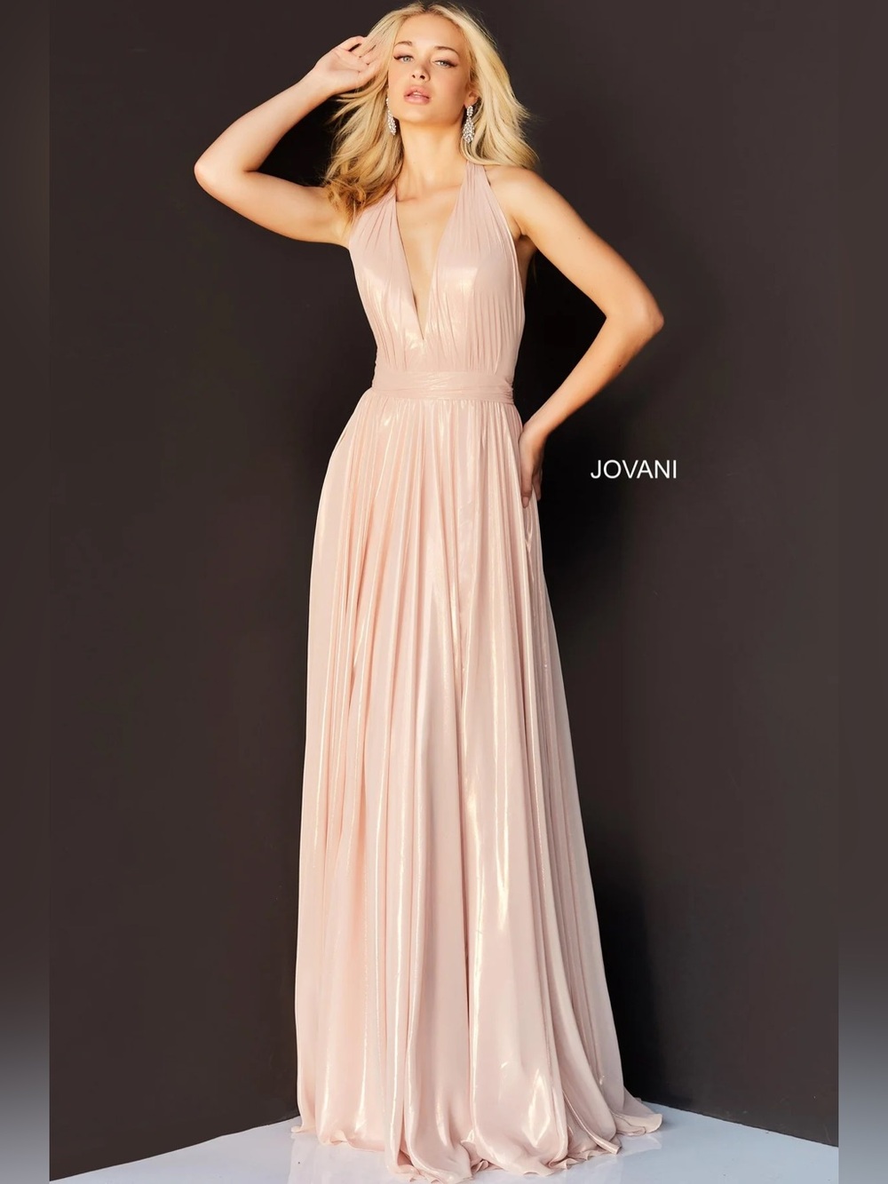 Jovani 07247A Blush Halter Plunge Maxi Gown